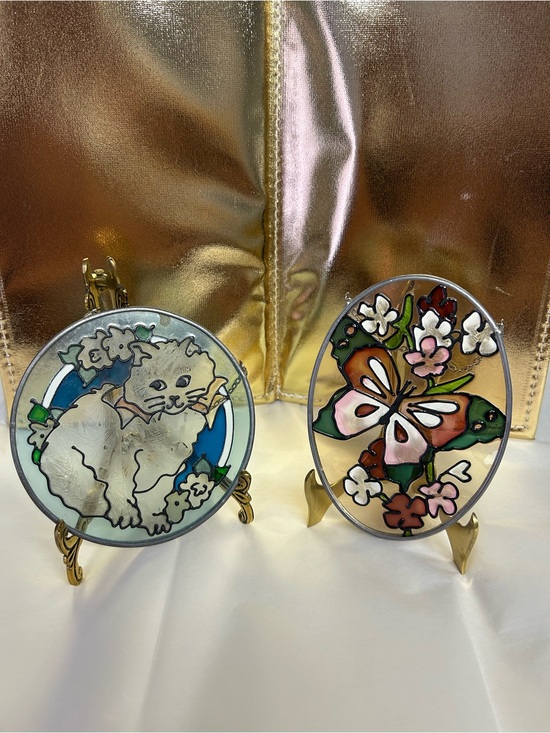 Other - Hand-Painted Stained Glass Style Decorative Plaques - Cat & Butterfly